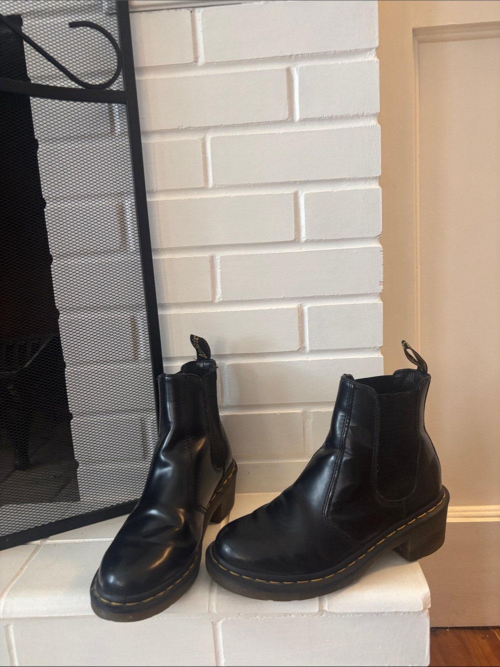 Doc Martens- Black Leather Chelsea Boots with Yellow Stitching - Women's